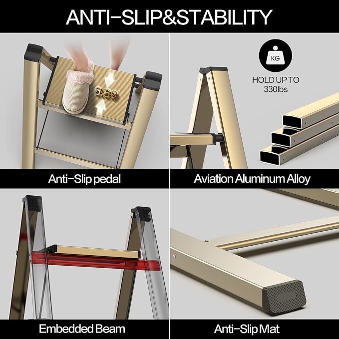 4 Step Ladder, Folding Step Stool with Anti-Slip Wide Pedal | Lightweight, Aluminum Material, 330LBS Load, Portable, Easy Storage, Space Saving, for Kitchen, Bedroom Use, Gold - Image 6