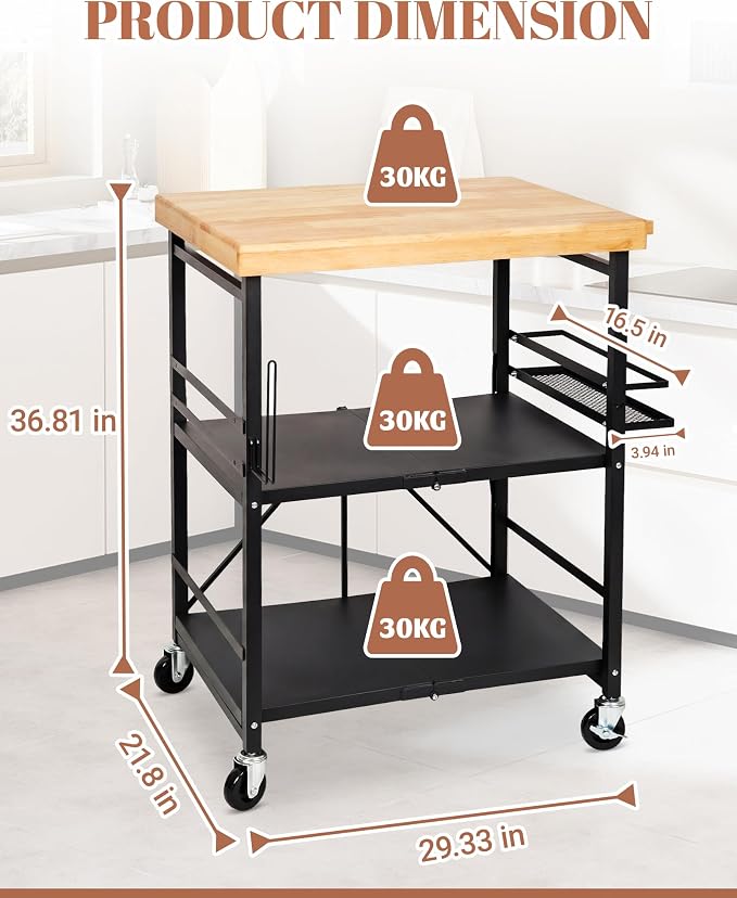 Mythinglogic Foldable Kitchen Cart with Wheels, Rolling Kitchen Island with Wood Top, 3-Tier Microwave Stand Coffee Bar Cart with Side Storage Rack, Black - Image 3