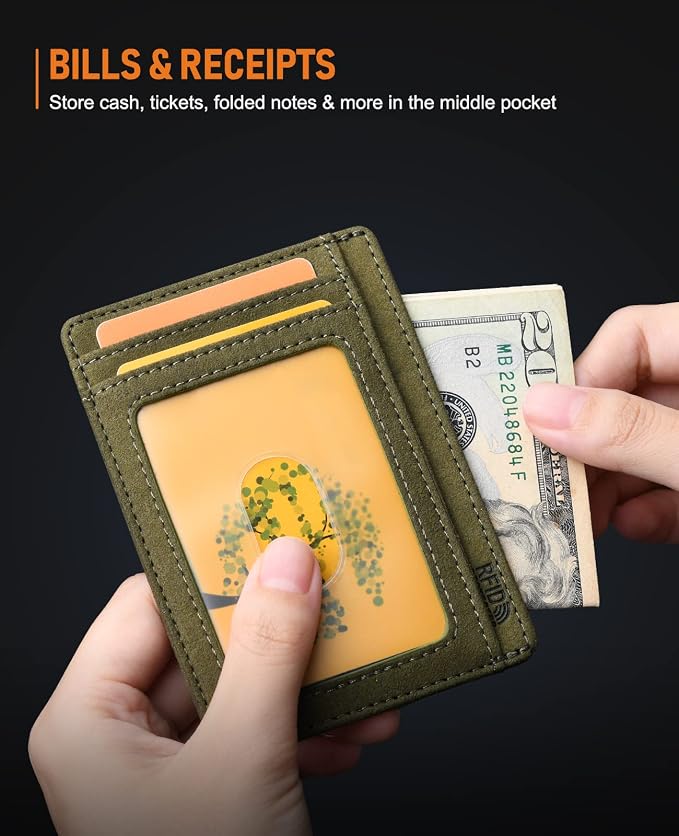 Buffway Slim Minimalist Front Pocket RFID Blocking Leather Wallets for Men and Women - At Sahara Desert Green - Image 7