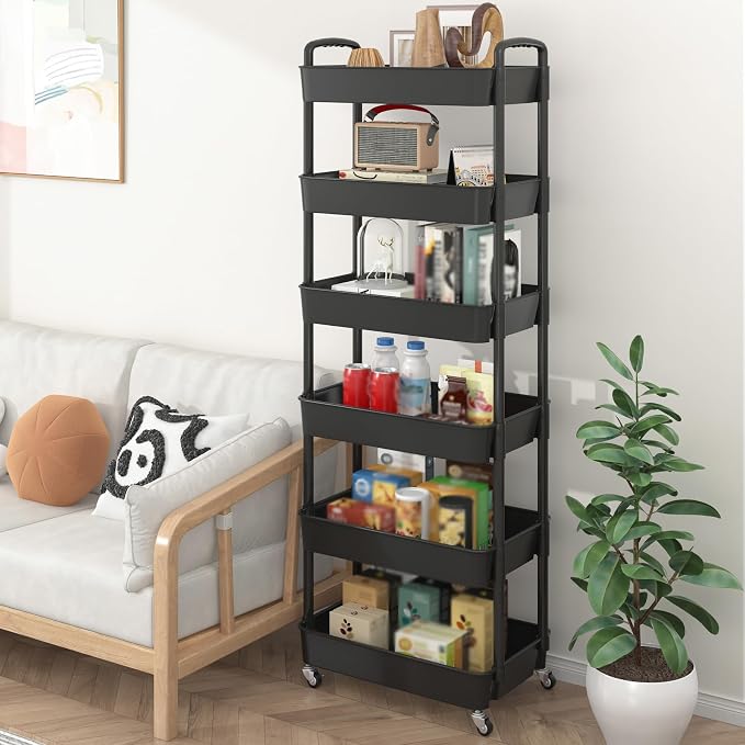 Sywhitta 6-Tier Plastic Rolling Utility Cart with Wheels for Storage,Black | Multi-Functional Storage Trolley, for Office, Living Room, Kitchen, Bathroom,Movable Organizer,Space-Saving,Easy to assemble - Image 5