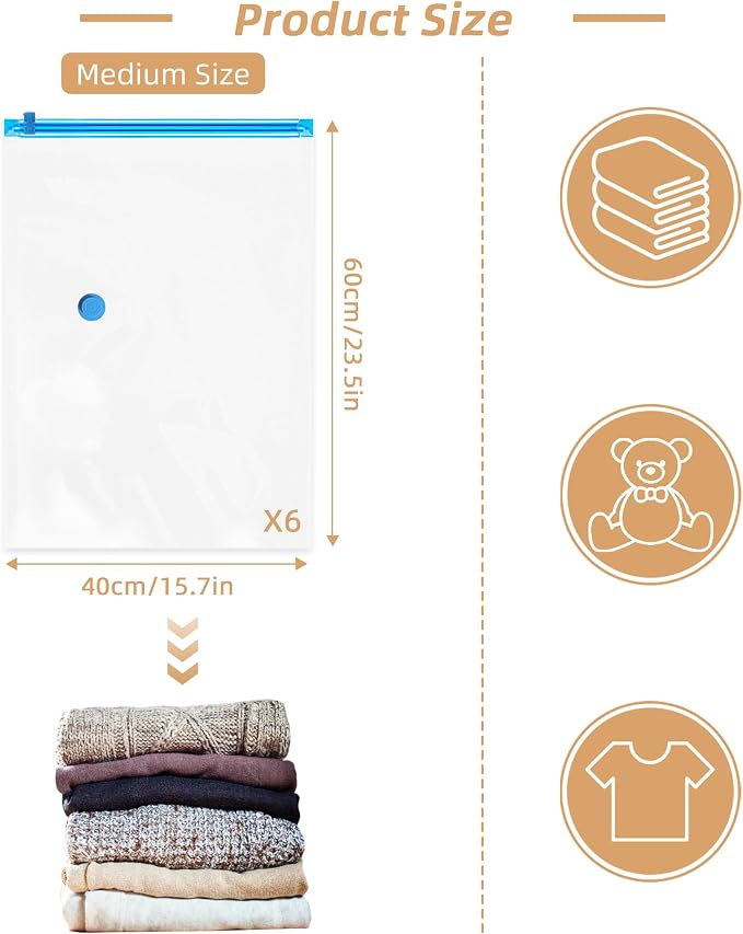 6 Pack Vacuum Storage Bag for Travel with Cordless Electric Pump, Medium | Carry-on Packing Bags for Luggage and Suitcase, Space Saver Compression Clothes Storage Bag with Rechargeable Pump (6 Medium) - Image 2