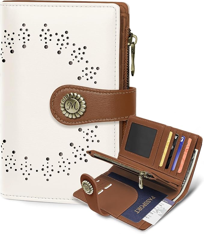 Beige Brown Wallet Women RFID, Passport Holder, Credit Card Holder | 6.7" x 4.4" x 1.3" Bifold, Travel billfold, Zipper Pocket, PU Leather Clutch, Purse, ID Window, Pen Holder, Gift Ladies Girl by Mavellin