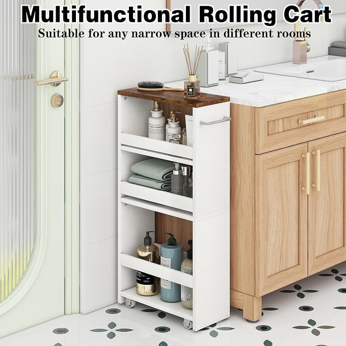 IBUYKE Slim Storage Cart Skinny Rolling Cart Utility Trolley UWST005W | 4-Tier,5.9" Narrow, with Handle & Lockable Wheels, for Kitchen Laundry Room Bathroom, Small Spaces,Space-Saving - Image 9