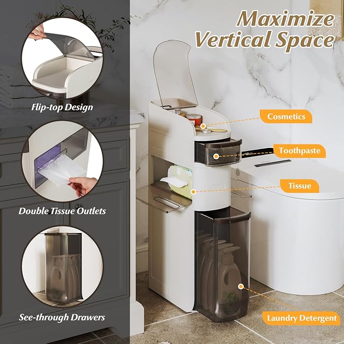 Giantex 4-Tier Narrow Bathroom Storage Cabinet (17" x 7" x 30") | Slim Rolling Toilet Paper Organizer w/ Drawers, Tissue Box, Movable Plastic Cart for Laundry, Living Room, Kitchen - Image 4