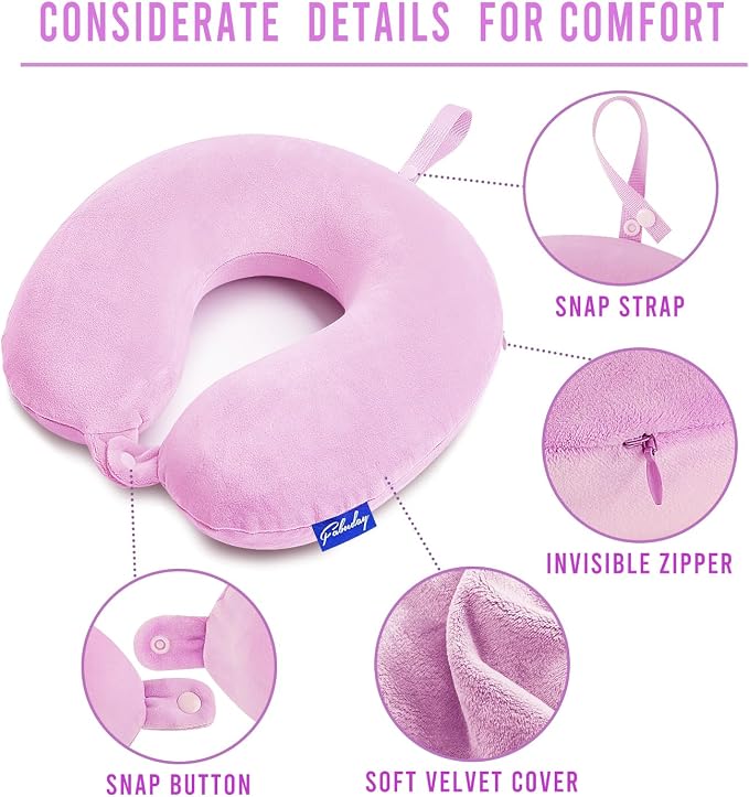 Travel Neck Pillow Memory Foam for Airplane Traveling Light Purple | Travel Neck Flight Pillow with Attachable Snap Strap Soft Washable Cover for Car, Home, Office, Head Neck Support - Image 6