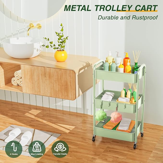 LEHOM 3 Tier Rolling Cart, Metal Rolling Utility Cart with Lockable Wheels | Multi-Functional Heavy Duty Storage Cart Organizer for Bathroom, Kitchen, Office, Living Room, Rolling Storage Trolley - Image 2