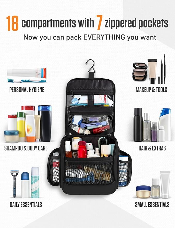 VENTURE 4TH Hanging Travel Toiletry Bag, 18 Compartments - Black | Hangs on rails, hooks or doors; stands upright. Removable TSA pouch. Water-resistant Nylon 290D Twill, reinforced stitching. - Image 3