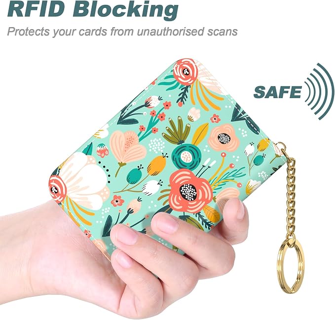 Nipichsha Women's Credit Card Holder Wallet, Green Flower, Leather, Compact, Slim, 12-Slot, RFID Blocking | Leather Card Holder Wallet, Credit Card Wallet Organizer, Business Card Case with Zipper & Keychain, 12-Slot Compartment - Image 4