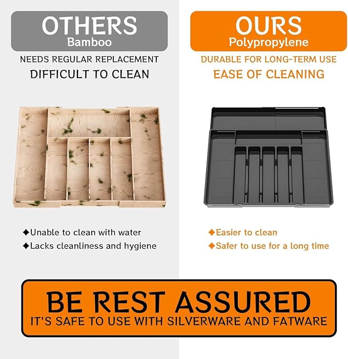 BPA-Free Expandable Utensil Drawer Organizer - Black Plastic Adjustable Storage Tray for Kitchen Flatware, Knives, Forks and Spoons - Image 4
