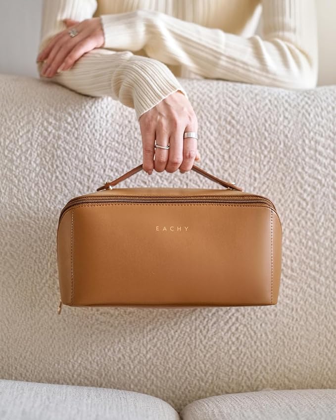 EACHY Travel Makeup Bag for Women, PU Leather Cosmetic Bag, Brown, Large | Water-resistant PU leather exterior with flat-open access, clear TPU brush compartment and organized storage for cosmetics - Image 9