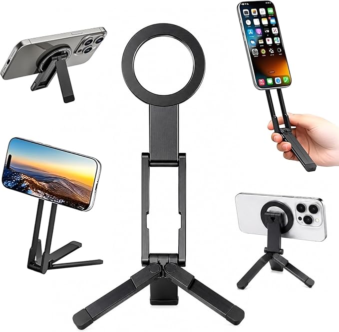 Phone Stand,360°Rotating Phone Tripod,Selfie Stick for iPhone,Phone Stand for Desk,Magnetic Phone Stand Foldable Cell Phone Stand Fits Gym, Travel Essentials Accessories(Black Aluminum Alloy) by Unknown