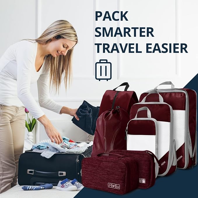7 Set Compression Packing Cubes for Travel - Compressible, Lightweight, and Space-Saving Packing Cubes, Travel Essentials for Women, Wine - Image 7