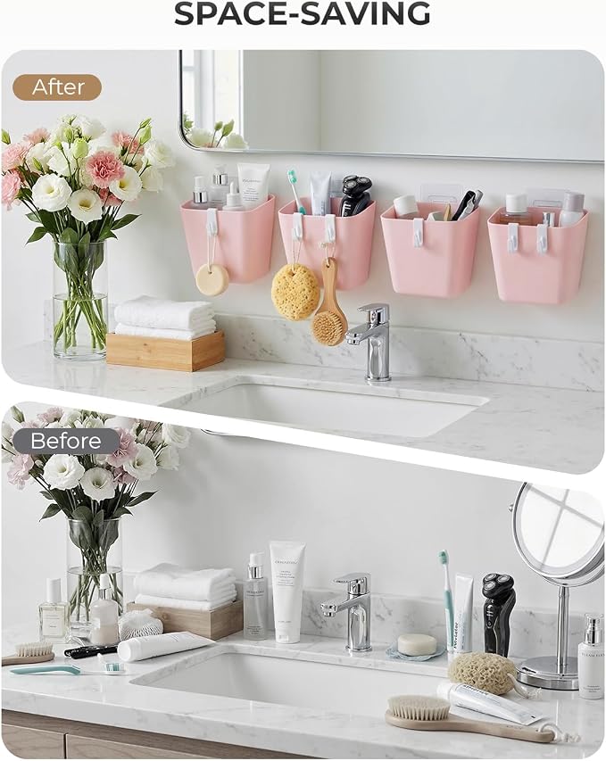 4 Pack Rolling Cart Accessories, Pink Craft Cart Cup Holder and 6 Hooks for Utility Carts, Adhesive Kitchen Cabinet Door Storage, Space-Saving Wall Mount Organizer for Bathroom, Office, Makeup - Image 8