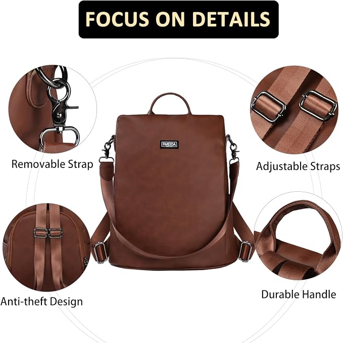 Convertible Backpack Purse for Women Anti Theft Nylon Backpack Brown | Hidden Back Zipper Opening, Compact Travel Size,PU Leather, Daypack for College Work, Fits 13-inch laptop - Image 5