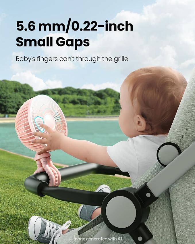 Gaiatop Oscillating Baby Stroller Fan with LED Lights, Rechargeable Pink | 4-Speed Quiet Cooling, 4.6 In, Battery Operated, 360° Rotate Clip On Small Portable Fans for Car Seat Crib Treadmill Travel - Image 3