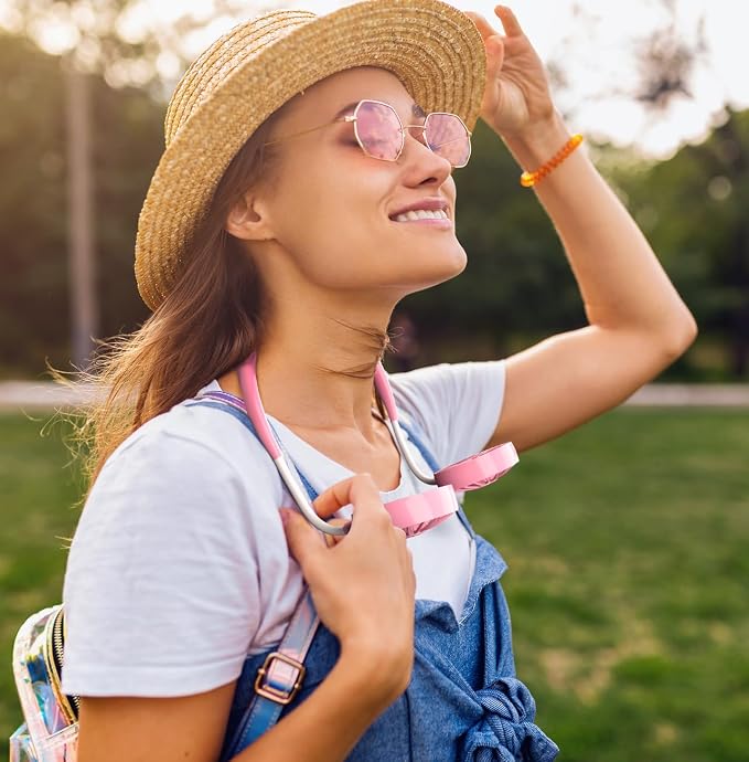 JUANANIUG Portable Neck Fan Rechargeable Personal HandFree Fan Mini USB Wearable Neckband Sport Fan 3 Speed Adjustable 360 Degrees Rotation Perfect for Working Traveling Office Reading (Pink) - Image 3