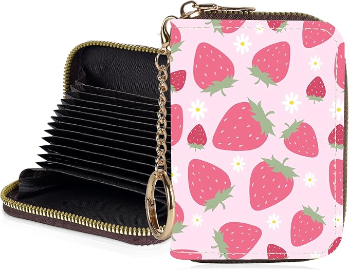 Credit Card Holder for Women,Small Rfid Wallet with Keychain Zipper,Cute PU Leather Card Case Wallet，Accordion Credit Card Wallets Gift,Strawberry by Unknown