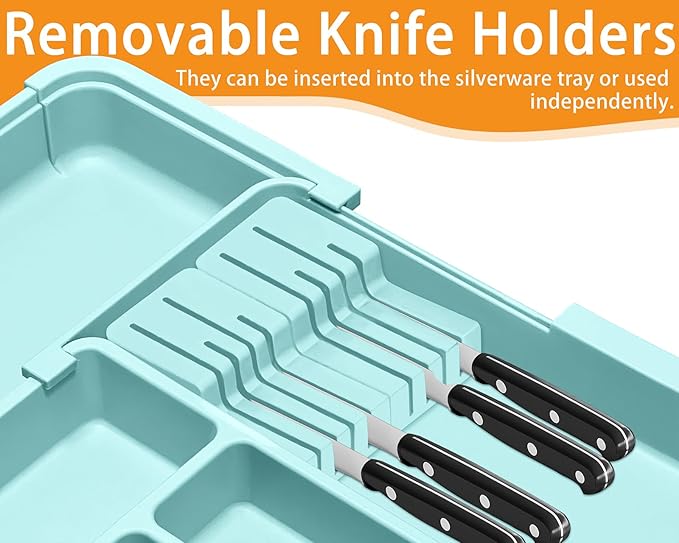 Homecor Silverware Organizer - Expandable Large Kitchen Drawer Organizer Utensil Organizer with 2 Knife Block Inserts, 22"x 19"Cutlery Tray with Drawer Dividers for Kitchen Flatware (Turquoise) - Image 4
