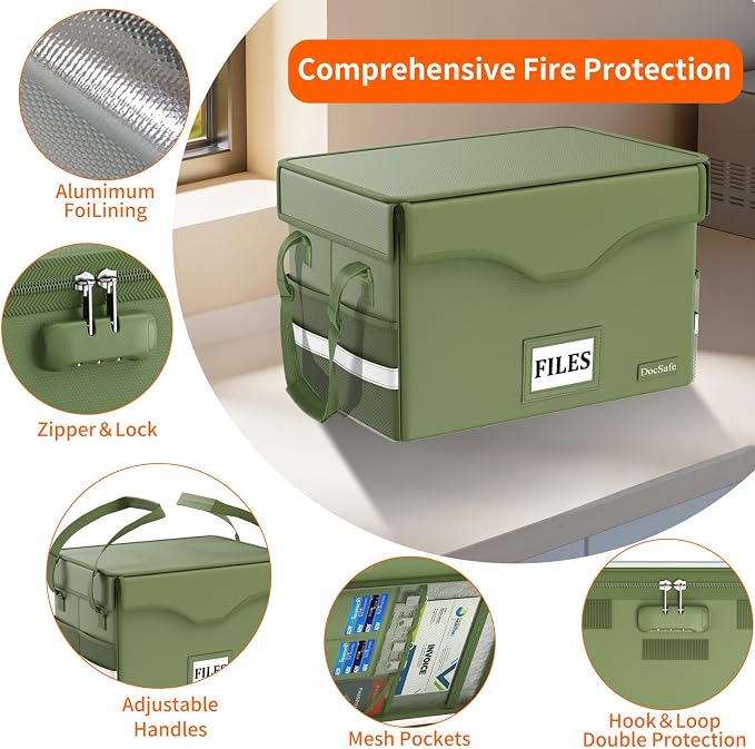 DocSafe 5200°F Fireproof Document Box with Lock,Heat Insulated File Organizer Storage with Pockets,Collapsible Portable Home Office File Safe Box with Handle for Hanging Letter/Legal Folders, Green - Image 4