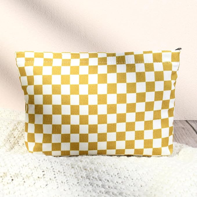 SOIDRAM 2 Pcs Checkered Makeup Bag Large Cosmetic Bag Toiletry Bag Makeup Pouch Travel Bag Organizer Cute Makeup Brushes Aesthetic Accessories Storage Bag for Women Golden Yellow - Image 5