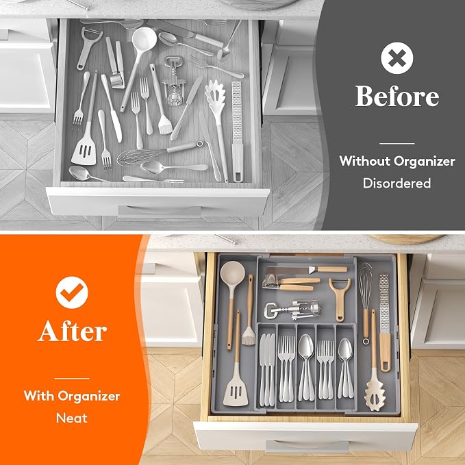 Lifewit Expandable Silverware Drawer Organizer, Utensil Tray for Kitchen | BPA Free Flatware and Cutlery Holder, Adjustable Plastic Storage for Spoons Forks Knives, 12-20.5 x 11.3-19.4 x 1.7, Gray - Image 8