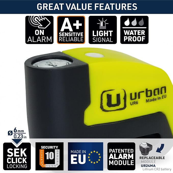 URBAN UR6 Hi-Tech Motorcycle Disc Lock with Smart Alarm | Best Value | 120dB, LED, Warning, A+ Sensitivity, Truly Waterproof, Long-Life CR2 Battery, Carried Locked, Bike Anti Theft Wheel Brake Locks - Image 7