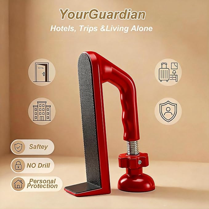 Portable Door Lock Travel Security, Red Anti-Theft Stopper | 202g lightweight, fits inward-swinging doors, tool-free install, aluminum, for hotels, Airbnbs, dorms, apartments - Image 2