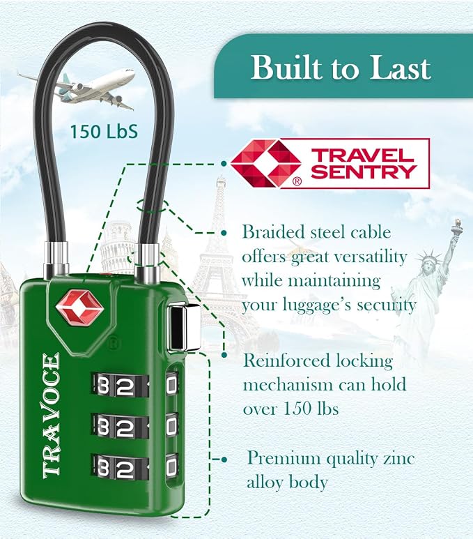 TSA Approved Luggage Locks, Combination Cable Locks, 2 Pack, Green | Search Alert shows TSA key access; resettable 3-digit code and flexible braided steel cable for suitcases and backpacks. - Image 6