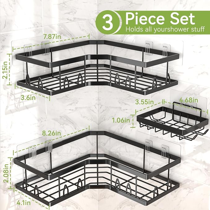 Shower Shelf Corner, Adhesive Shower Caddy Rustproof, Shower Shelves Corner with Soap Holder, No Drilling Shower Corner Organizer for Dorm, Renters Bathroom, Black, 3 Pack - Image 6