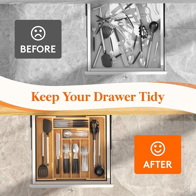 Lifewit Silverware Drawer Organizer, Wooden Utensil Tray for Kitchen | Expandable Flatware and Cutlery Holder, Adjustable Storage for Spoons Forks Knives, 10.2-18.1 x 16.7", Natural - Image 8