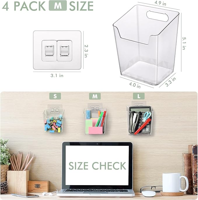 Clear Adhesive Wall Storage Bins 4-Pack Cabinet Door Organizer Cups(Medium) | Clear PET Hanging Wall Mount Pockets, Plastic Caddy for Shower Bathroom Makeup Office Craft Kitchen Sink RV Organization - Image 2