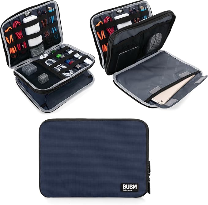 BUBM Double Layer Electronics Organizer, Travel Gadget Bag for Cables, Memory Cards, Flash Hard Drive and More, Fit for iPad or Tablet(up To 9.7")--Large, Dark Blue | Travel Gadget Bag For Cables, Memory Cards, Flash Hard Drive and More, Fit For iPad o... by BUBM