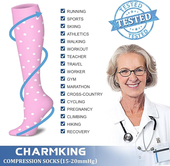 CHARMKING Compression Socks for Women & Men Circulation (8 Pairs) 15-20 mmHg Best Calf Socks Support for Athletic Cycling - Image 5