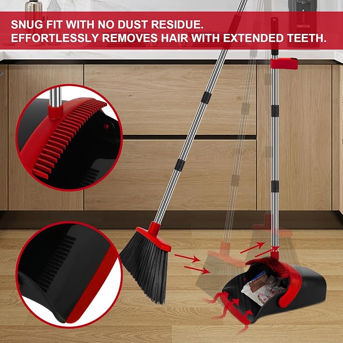 Red Broom and Dustpan Combo Set, 55" Long Handle Broom | Large Area Outdoor Cleaning, Extended Reach Design, Built-in Comb Dustpan, Foldable Storage for Garage, Patio & Home - Image 6