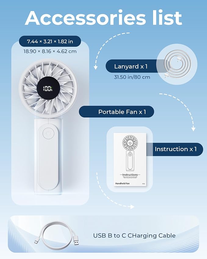 Peiyuu Handheld Portable Fan, 4000mAh USB Rechargeable Personal Fan, 180° Foldable Mini Desk Fan with 6 Wind Speed, LCD Digital Display, Lanyard as Neck Fan, Ultra Quiet - Image 8