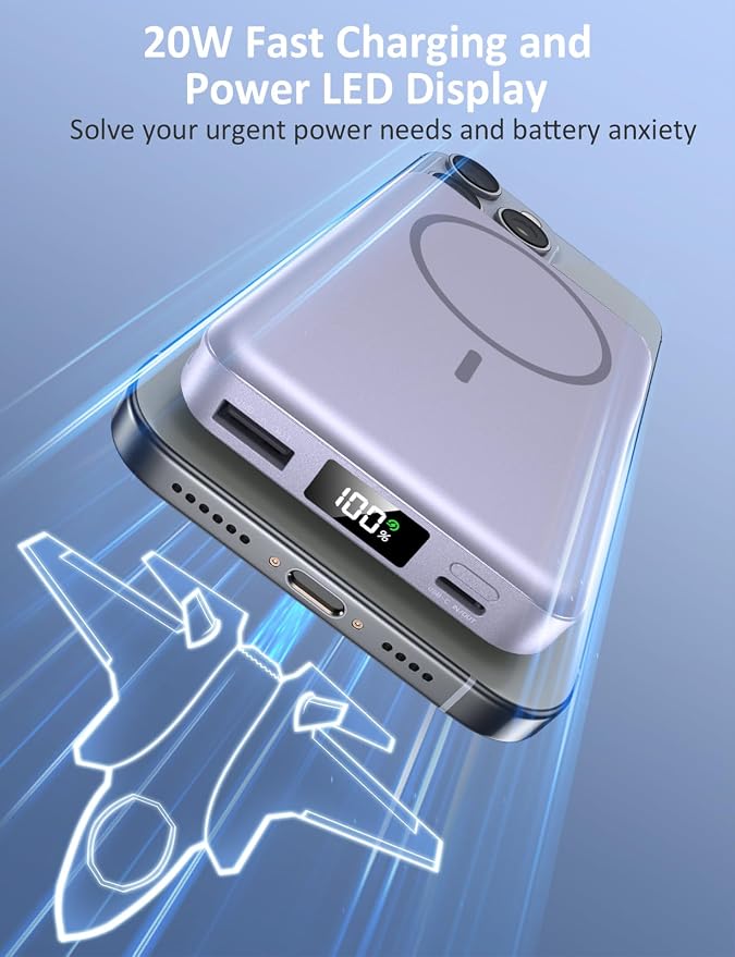 Magnetic Portable Charger 10000mAh, 20W Power Bank with Built in Cable | 20W Fast Charging for Magsafe Battery Pack with LED Display, Travel Essential for iPhone 17/16/15/14/13 Pro/Pro Max-Lavender - Image 4