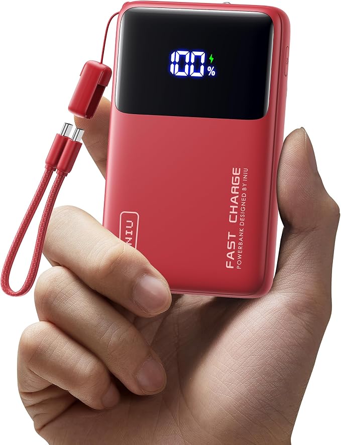INIU Power Bank, Compact 10000mAh 45W PD Fast Charging Portable Charger | Detachable USB-C Cable, Stand, Flight-Safe, Travel, Flashlight, Battery Pack for iPhone 17 16, Samsung S26, iPad etc, Red by INIU
