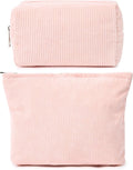 SOIDRAM 2 Pieces Makeup Bag Large Corduroy Cosmetic Bag Capacity Canvas Mix Travel Toiletry Bag Organizer Cute Makeup Brushes Aesthetic Accessories Storage Bag for Women, Corduroy Mix Pink by SOIDRAM