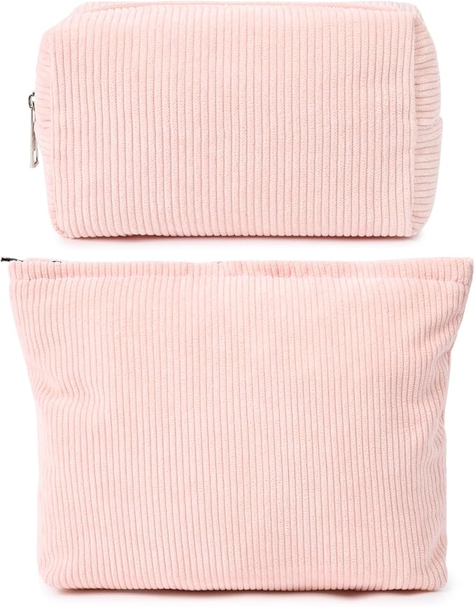 SOIDRAM 2 Pieces Makeup Bag Large Corduroy Cosmetic Bag Capacity Canvas Mix Travel Toiletry Bag Organizer Cute Makeup Brushes Aesthetic Accessories Storage Bag for Women, Corduroy Mix Pink by SOIDRAM