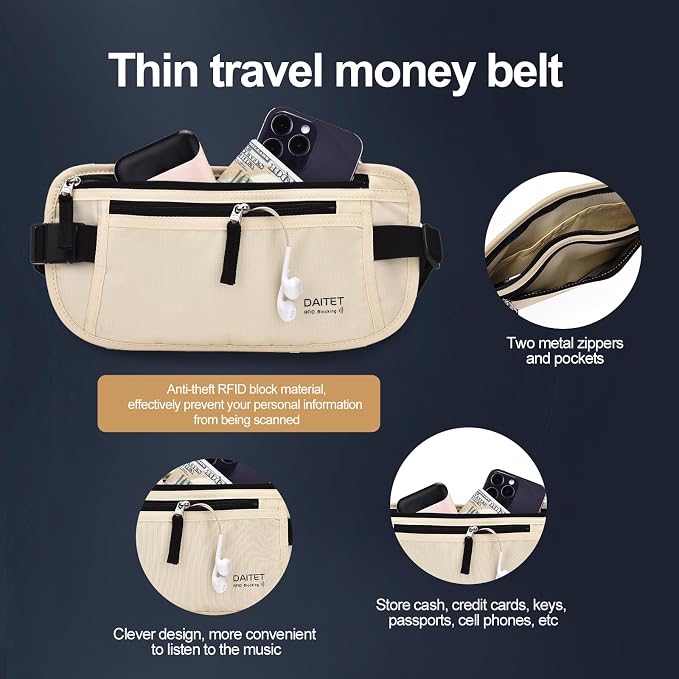 RFID Blocking Money Belt for Men Women, Slim Fanny Pack for Travel，Running,Conceal Waist Wallet for Passport Holder,Phone,Cash(Cream White) - Image 4