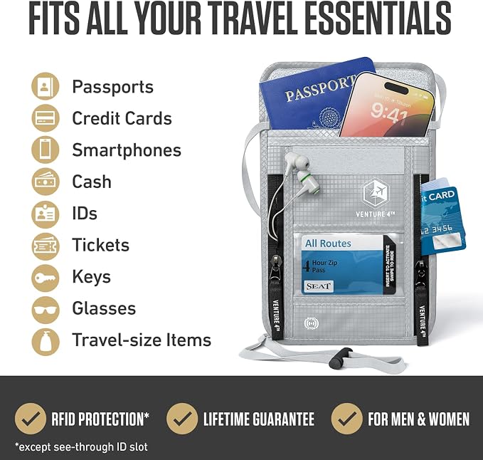 VENTURE 4TH Travel Neck Wallet, RFID Blocking Passport Holder - Silver - Image 2