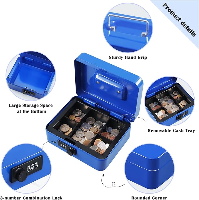 xydled Steel Cash Box Safe with Combination Lock,Money Safe Box with Removable Coin Tray,Medium,7.87"x 6.30"x 3.54",Blue - Image 4