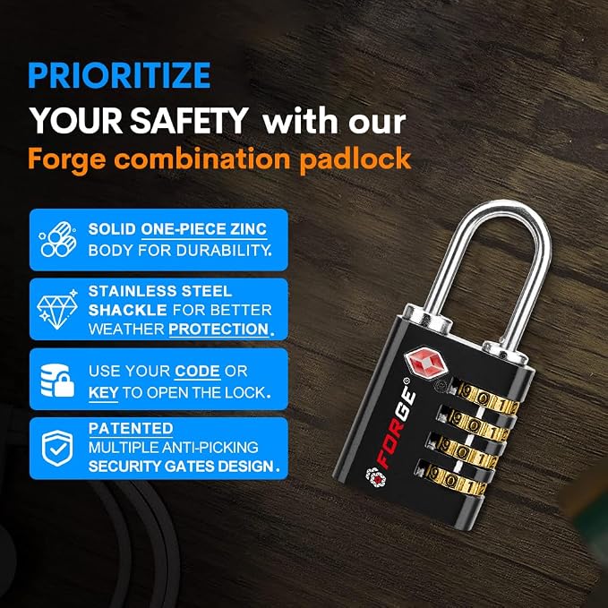 Forge Dual-Opening: Key or Combination Access Lock, Use Key to Recover Code If Forgotten, TSA Approved Locks for Luggage, Pelican case, Travel, Gym, School, Stainless Steel Shackle. (Black 2 Pk) - Image 6