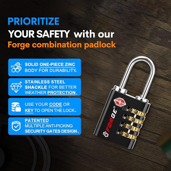 Forge Dual-Opening: Key or Combination Access Lock, TSA Approved Locks for Luggage, Pelican case, Travel, Gym, School, Stainless Steel Shackle. (Black, 4 Pk) - Image 6