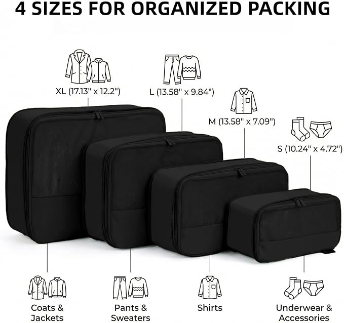4 Piece Compression Packing Cubes for 3–7 Day Travel, Space Saving Travel Organizers with Breathable Mesh, Double-Zipper Packing Cubes for Carry-On & Suitcases (Black) - Image 3