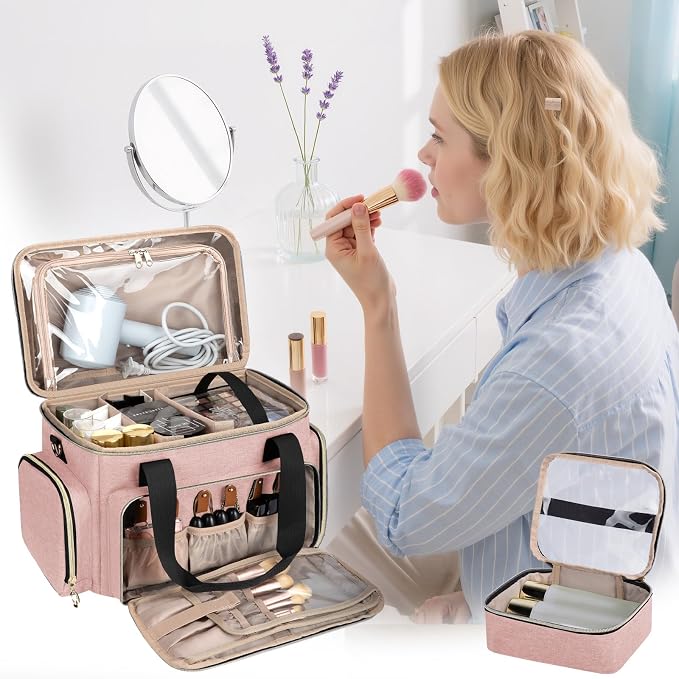 GDNasist Large Makeup Bag, Portable Travel Makeup Bag Organizer | Cosmetic Travel Bag for Women Girls with 2 Removable Pouches & Detachable Dividers, Toiletry Bag for Makeup and Hair Supplies - Image 6