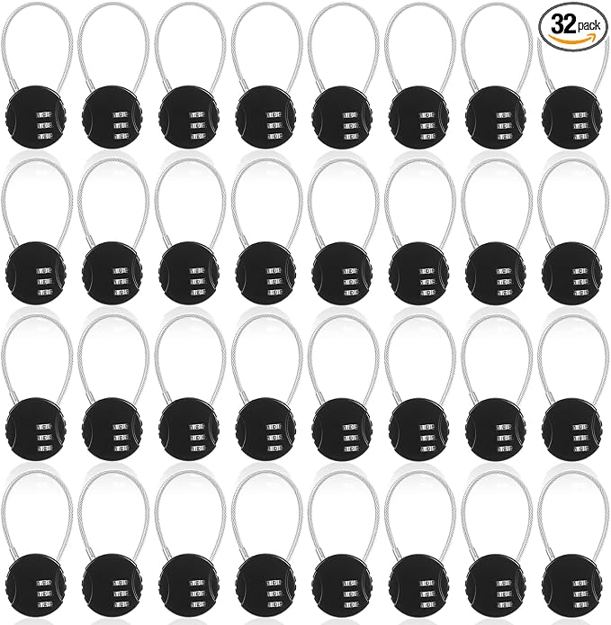 32 Pack 3 Digit Combination Cable Padlock,Black | Resettable for Gym Locker Luggage Backpack, Waterproof Outdoor Security, Small Combo Lock for Travel School Storage by Moxweyeni