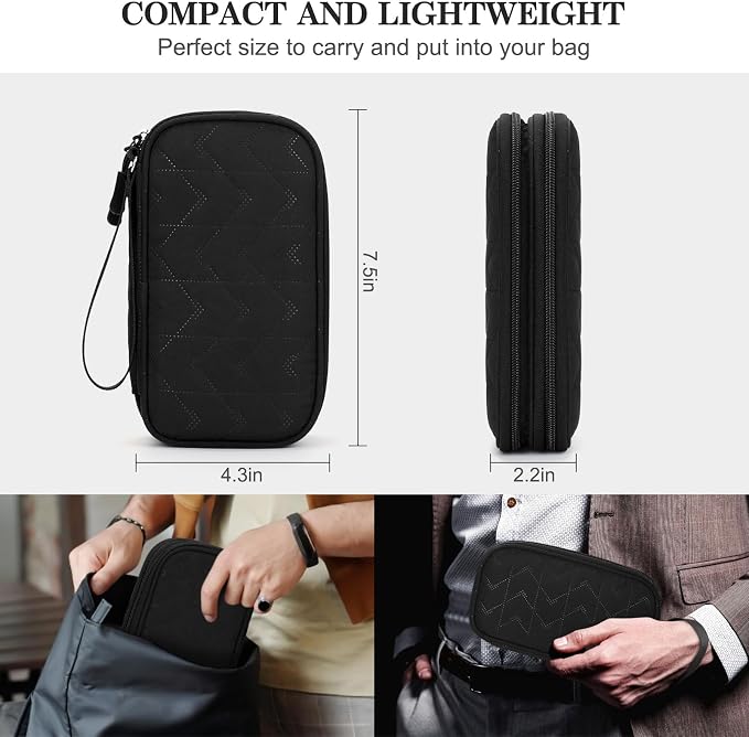 FYY Electronic Organizer, Travel Tech Pouch, Cable Organizer Black Quilted | Wrist Strap, Waterproof, Double Layers Portable Electronics Travel Carrying Case for Cord, Charger, Daily Business Trips Use - Image 2