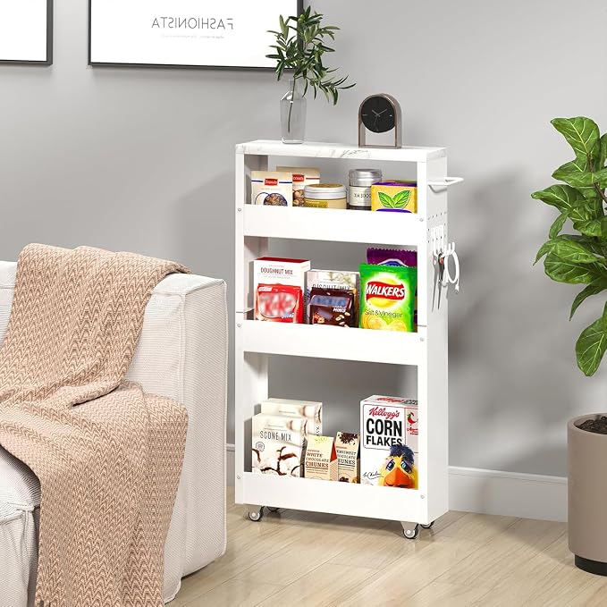 XYZLVSI Slim Storage Cart, 4 Tier Narrow Kitchen Rolling Cart with Wheels | 5.1" W narrow shelf for small spaces, 13" bottom metal utility cart with handle for bathroom/laundry, skinny storage cart - Image 4