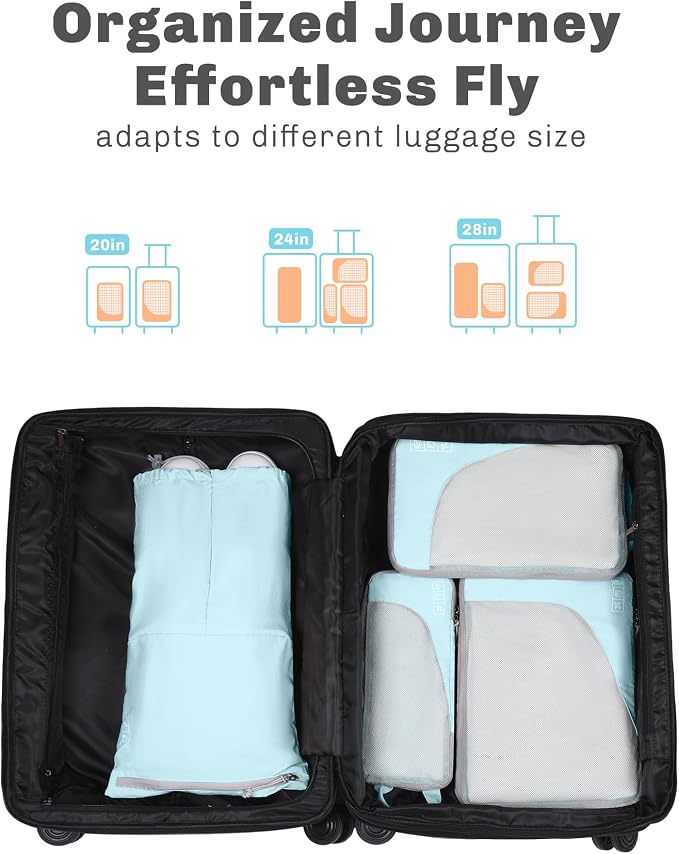 6 Set/ 4 Set/ 2 Set Compression Packing Cubes Travel Essentials Lightweight Nylon Luggage Suitcase Organizer Bag Light Blue 4PCS - Image 3